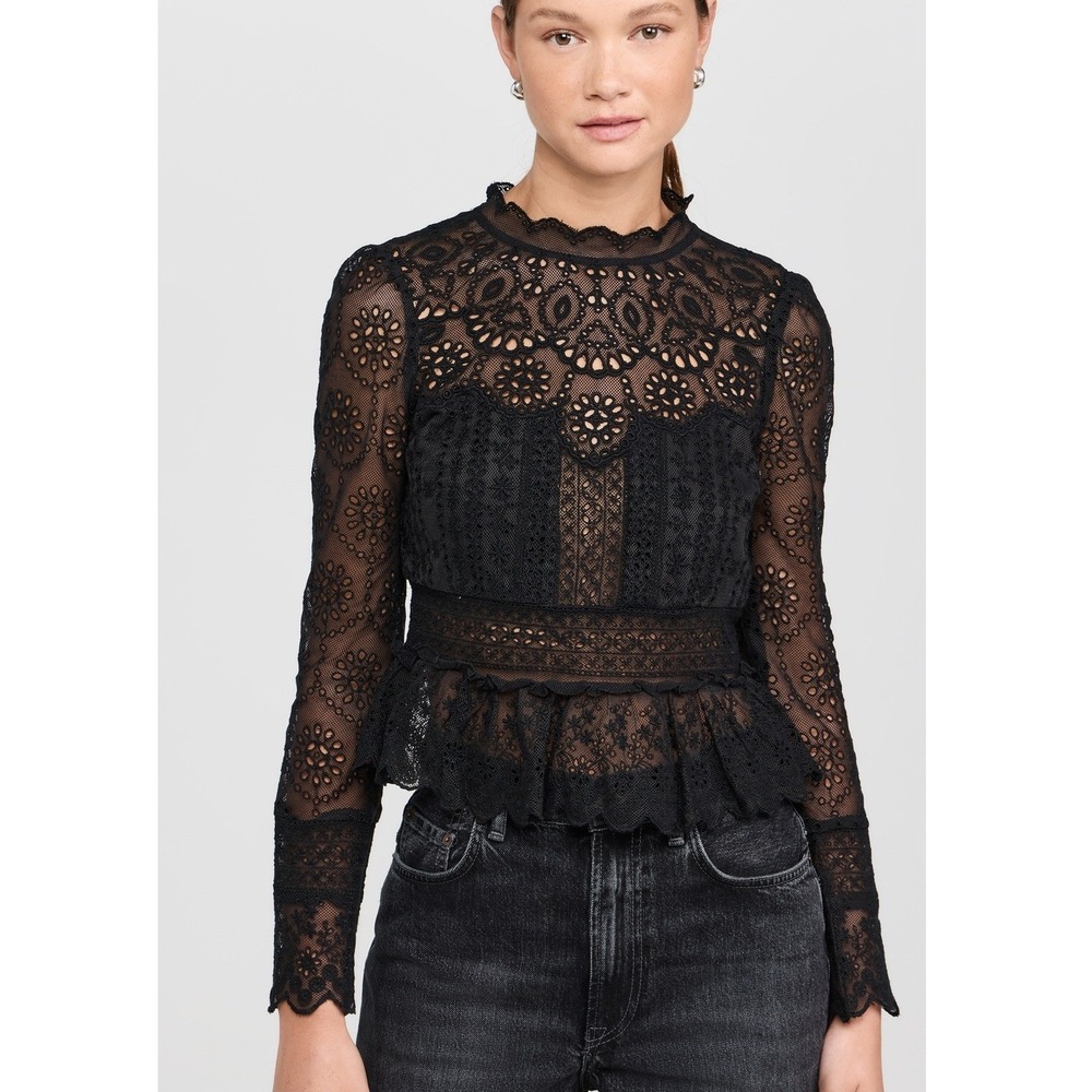 Sea New York Lainey Embroidery Top Women 0 Black Lace Eyelet Mock Neck Peplum